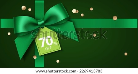 St Patrick's day gift card design template. Green bow and ribbon with price tag. Green background with gold coins. Vector stock illustration.