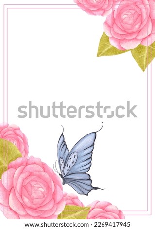 Hand drawn watercolor pink rose flower with butterfly card. Isolated on white background. Scrapbook, post card, banner, lable, poster