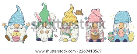Collection of vector Easter gnomes in different poses with Easter eggs, bunny ears, spring flowers. Clipart For cards, invitations, packaging design, posters, prints Royalty-Free Stock Photo #2269418569