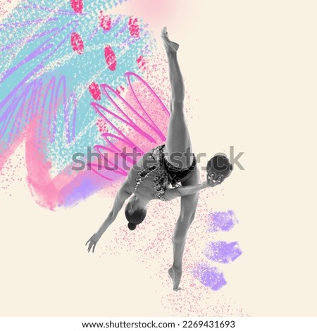 Stretching. Contemporary art collage of female professional rhytmic gymnast in motion and action over light background with abstact drawings. Concept of art, sport, motivation, grace.