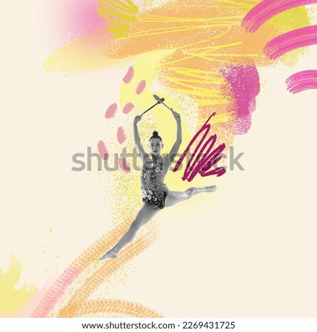 Contemporary art collage of female professional rhytmic gymnast in motion and action over light background with abstact drawings. Concept of art, sport, motivation, grace.