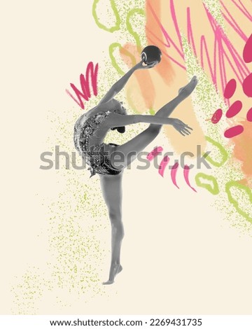 Flexibility. Contemporary art collage of female professional rhytmic gymnast in motion and action over light background with abstact drawings. Concept of art, sport, motivation, grace.