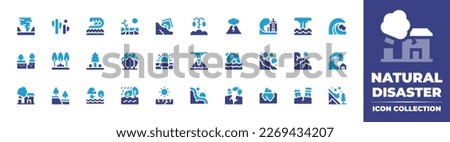 Natural disaster icon collection. Duotone color. Vector illustration. Containing tornado, cactus, tsunami, drought, landslide, volcano, eruption, earthquake, fire, deforestation, wildfire, inundation. Royalty-Free Stock Photo #2269434207
