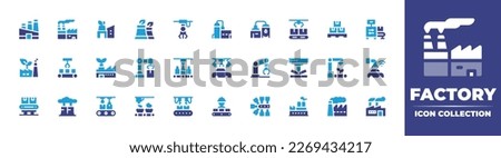 Factory icon collection. Duotone color. Vector illustration. Containing factory, eco factory, industrial robot, recycling plant, beer, automation, warehouse, industrial process, green. Royalty-Free Stock Photo #2269434217