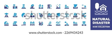 Natural disaster icon collection. Duotone color. Vector illustration. Containing avalanche, earthquake, volcano, tsunami, sinking, hurricane, desert, flood, destruction, drought, disaster. Royalty-Free Stock Photo #2269434243