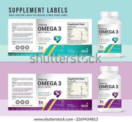 Omega 3 label template supplement vitamin label bottle label packaging design creative and modern design with multi vitamin natural vector medicine label. Royalty-Free Stock Photo #2269434813