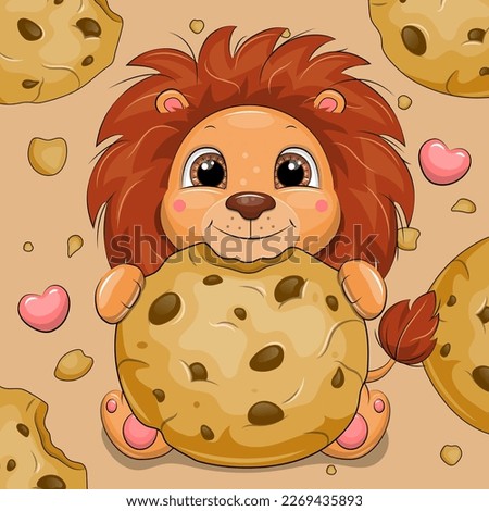 Cute cartoon lion holding a chocolate chip cookie. Vector illustration with an animal.