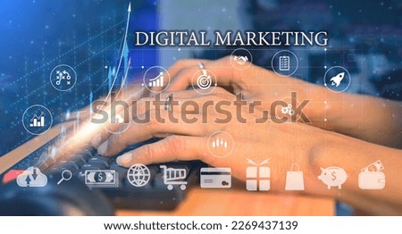 Concept showing signs and icons of digital marketing, internet advertising and business technology concept, online marketing, e-commerce online