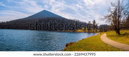 Tranquil nature landscape of the Blue Ridge Mountains and Peaks of Otter Lake on the Blue Ridge Parkway in Bedford, Virginia, USA