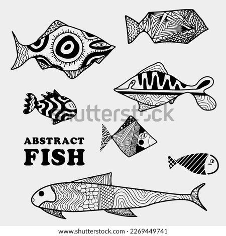 Doodle abstract art fish pattern, hand drawn illustration of marine life for children’s wallpaper room, restaurant gourmet menu seafood.