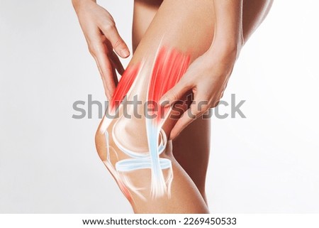 Knee pain, meniscus inflamed, human leg medically accurate representation of an arthritic knee joint. Persistent, sharp discomfort in the knee joint, accompanied by swelling and stiffness Royalty-Free Stock Photo #2269450533