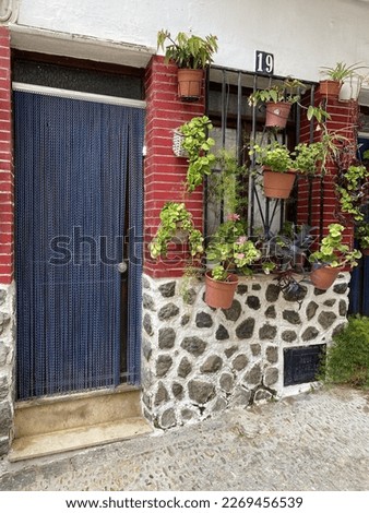 Picturesque house No.19 decorated with flower pots and stone basement in the ancient city