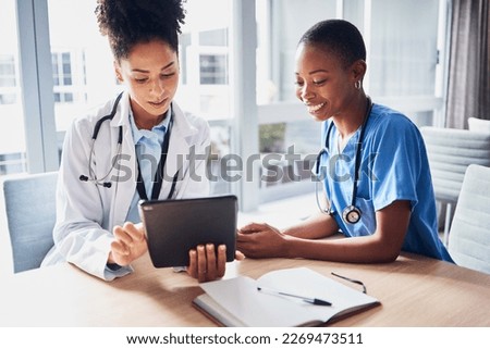 Tablet, black woman or doctors with medical research reading news or tests results in hospital together. Teamwork, digital tech or African nurses planning or speaking of healthcare report on website