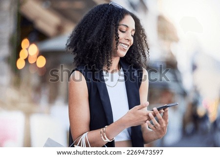 Black woman, smartphone and texting in city with shopping, online date and social network app for contact. Happy gen z girl, phone and internet communication with digital ux, chat and walk in street