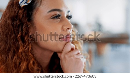 Woman thinking with laptop, store fashion manager working in retail ecommerce technology and typing proposal. Graphic designer planning idea, online boutique inspiration and startup entrepreneur