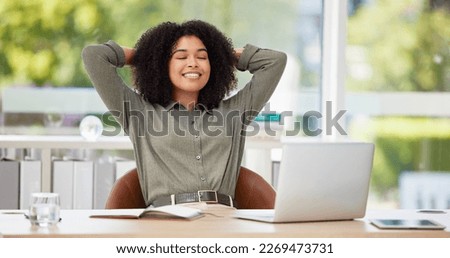 Black woman in business, relax in office and stress relief, content and peace with career satisfaction and job well done. Laptop, break and smile with positive mindset and corporate female at desk Royalty-Free Stock Photo #2269473731