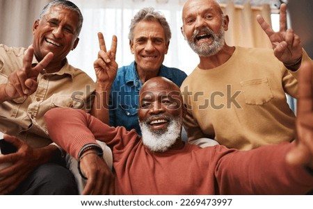 Portrait, selfie and senior friends with peace sign in house, having fun or bonding together. V emoji, retirement and happy elderly group of men laughing and taking pictures or photo for social media