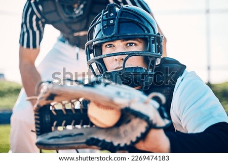 Baseball, catcher and fitness with man on field for training, umpire and sports competition. Workout, exercise and pitching with athlete playing in park stadium for games, match and wellness