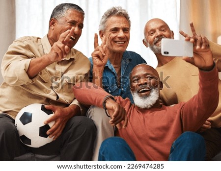 Selfie, men and senior friends with peace sign in house, having fun and bonding together. V emoji, retirement and happy elderly group of people laughing and taking pictures or photo for social media.