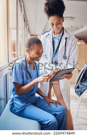 Tablet, black women or doctors planning surgery in conversation about medical news or tests results in hospital. Teamwork, happy people or African nurses speaking of healthcare report or web research Royalty-Free Stock Photo #2269474849
