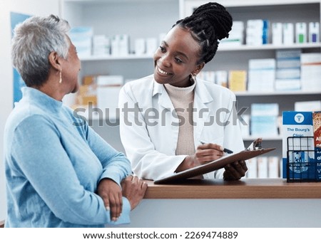 Pharmacy, healthcare or insurance with a customer and black woman pharmacist in a dispensary. Medical, clipboard and trust with a female medicine professional helping a patient in a drugstore Royalty-Free Stock Photo #2269474889