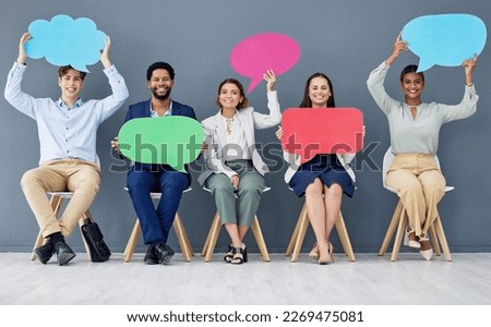 Social media, chat and portrait of business people with a speech bubble for contact, news and review. Happy, mockup and excited employees showing blank boards for communication information space