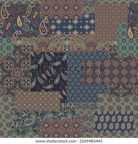 Paisley cashmere bandana fabric patchwork vintage vector seamless pattern