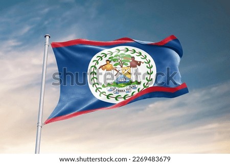 Waving flag of Belize in beautiful sky. Belize flag for independence day. The symbol of the state on wavy fabric.