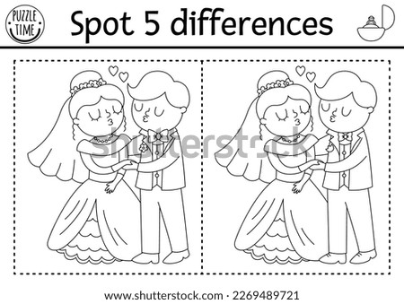 Find differences game for children. Wedding black and white educational activity with cute married couple. Marriage printable coloring page for kids with funny kissing bride and groom
