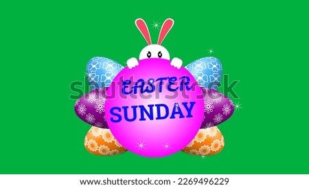 Easter Sunday sticker on green screen with cute rabbit and decorated eggs.