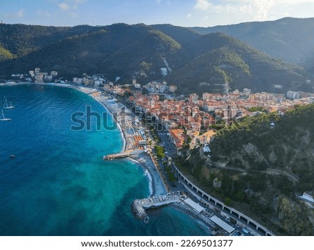Aerial view of Noli, a beautiful small village in Liguria, north Italy. Drone photography of the Ligurian coast, province of Savona, near Spotorno and Bergeggi. Birds eye of Capo Noli and Monte Ursino