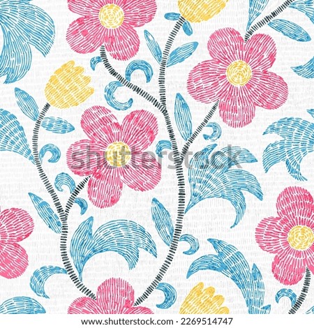 Cute seamless floral pattern. Embroidered ornament in bohemian style. Print for home decor, textiles. Grunge vintage texture. Vector illustration. Royalty-Free Stock Photo #2269514747