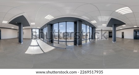 full seamless spherical hdri 360 panorama view in empty modern hall with columns, doors and panoramic windows in equirectangular projection, ready for AR VR content Royalty-Free Stock Photo #2269517935