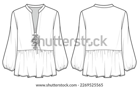 Peasant blouse with keyhole neck details design flat sketch fashion illustration with front and back view. Drawstring front open blouse top cad drawing vector template Royalty-Free Stock Photo #2269525565