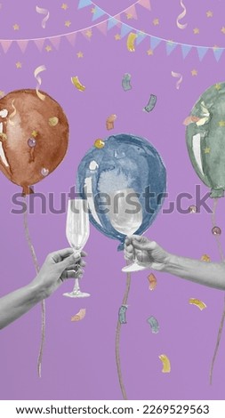 Party invitation background raised hands holding champagne glasses, vector illustration. Woman and man celebrating weekend.
