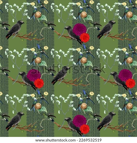 Seamless pattern with flowers and African grey parrot 
