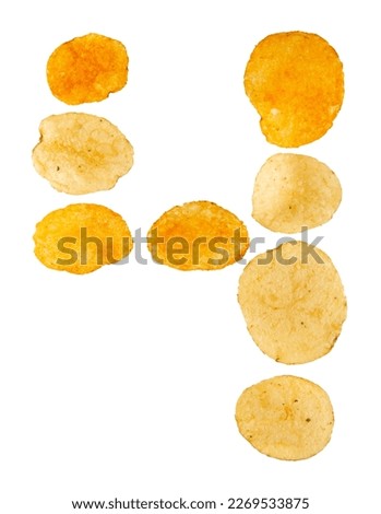Number 4 made of potato chips and isolated on white background. Food numeral concept. One number of the set of potato chip font easy to stacking.