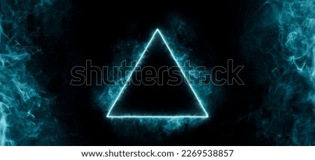 Neon blue color geometric triangle on a dark background. Mystical portal. Mockup for your logo. Futuristic smoke. Mockup for your logo. Royalty-Free Stock Photo #2269538857