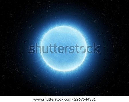 Blue giant star in deep space. Hot surface of a young star. Alien sun isolated on black background.