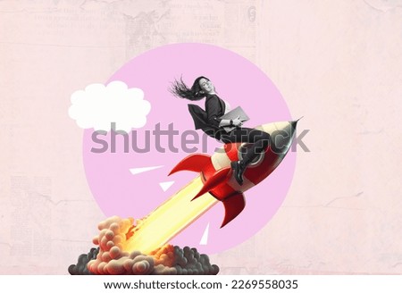 Art collage.  Launch of a red rocket with a smiling business woman. Successful start up concept.