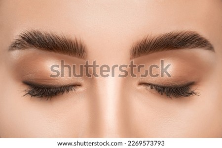 The make-up artist does Long-lasting styling of the eyebrows and will color the eyebrows. Eyebrow lamination. Professional make-up and face care. Royalty-Free Stock Photo #2269573793