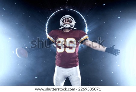 American football player celebrating winning the game. Template for bookmaker ads with copy space. Mockup for betting advertisement. Sports betting, football betting, gambling, bookmaker, big win