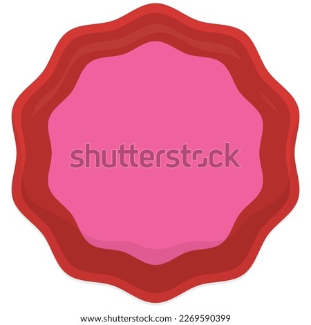 Round serrated label template with soft points, pink color and red frame isolated over white background.