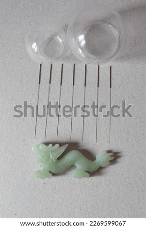 Green Jade dragon, seven acupuncture needles and two suckers to practice alternative oriental medicine Royalty-Free Stock Photo #2269599067