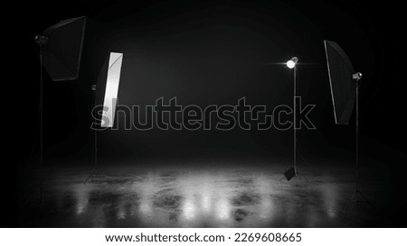 Professional photo studio equipment isolated on dark background. Realistic spotlight on ice. Photo studio and stage light