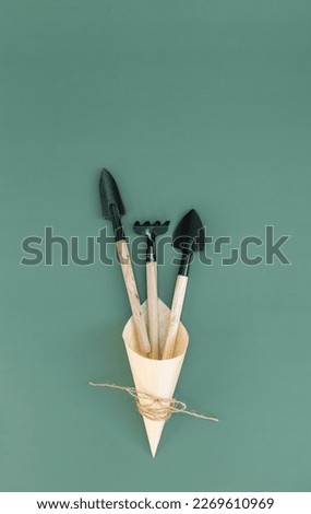 Three garden tools of two spatulas, one rake in a wooden cone lying in the center on a green background with copy space on the sides, flat lay close-up.Gardening concept,gifts.