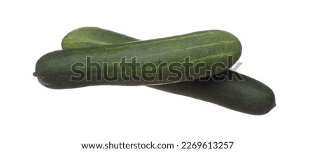 Cucumber fly in mid air, green fresh vegetable cucumber falling. Organic fresh vegetable with eaten leaf of long cucumber, close up texture. White background isolated freeze motion high speed shutter