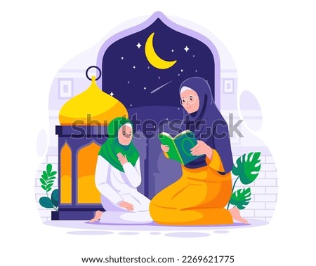 A Muslim mother teaches his daughter to read Quran. Muslim people read Quran in the holy month of Ramadan. Muslim Family read Koran on Ramadan concept illustration Royalty-Free Stock Photo #2269621775