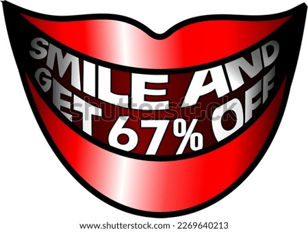 Smile and get 67% off, red mouth vector illustration, cheerful, happy, happy. For buy and sale, illustrative banner, illustration with blue background, promotion and offer vector. God is good!