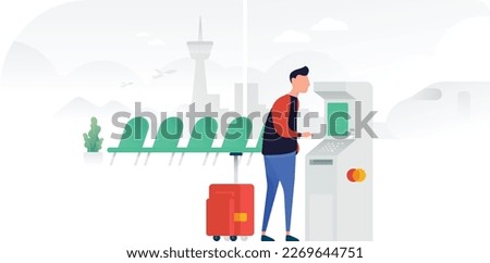 Man Withdrawing From ATM Airport Scene UI Banner Illustration Vector EPS